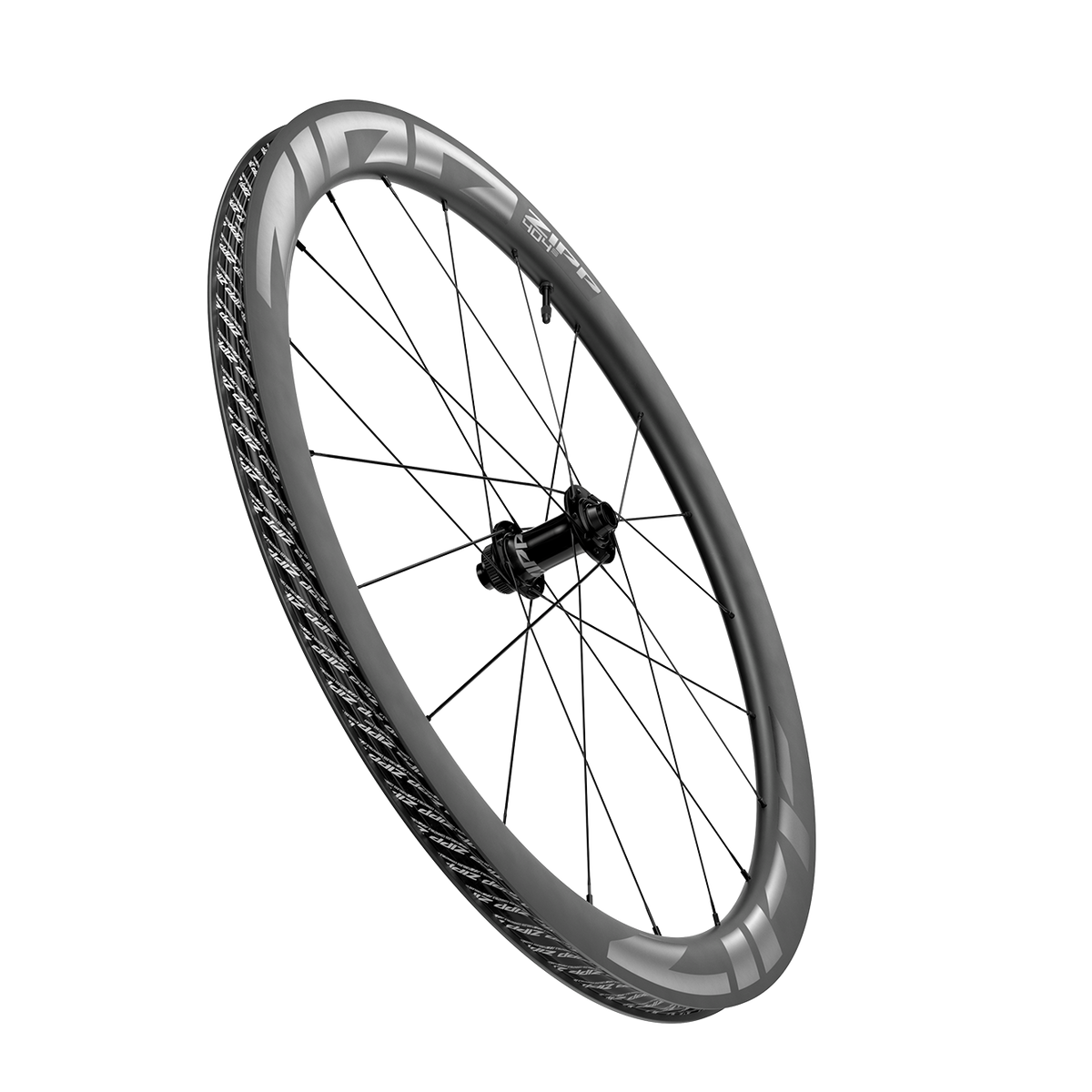 Zipp 404 S carbon tubeless disc brake front road wheel, 700c 12x100mm, three-quarter view