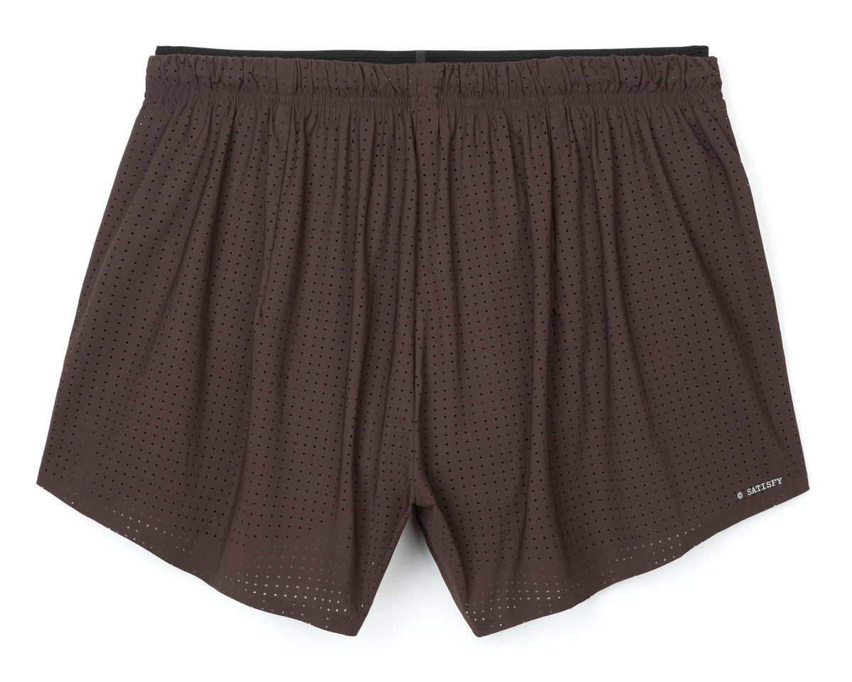 Satisfy Space-O 2.5 inch running shorts in Deep Mahogany, back view