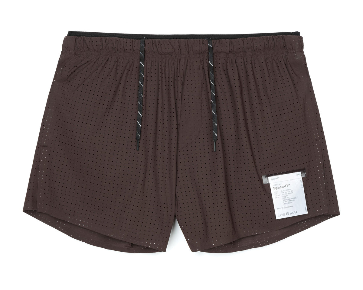 Satisfy Space-O 2.5 inch running shorts in Deep Mahogany, front view