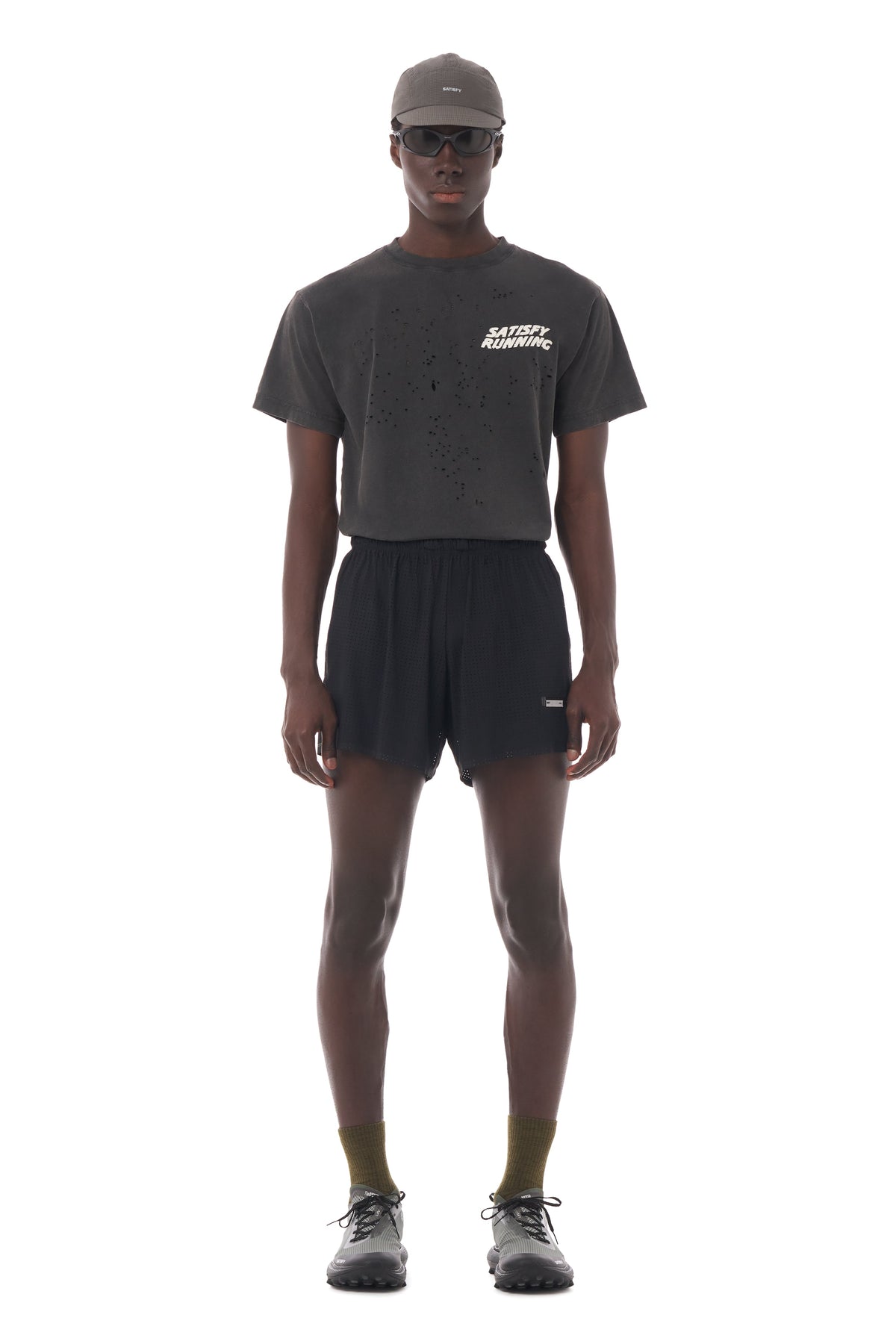 Satisfy Space-O 2.5 inch running shorts in Black, worn on run