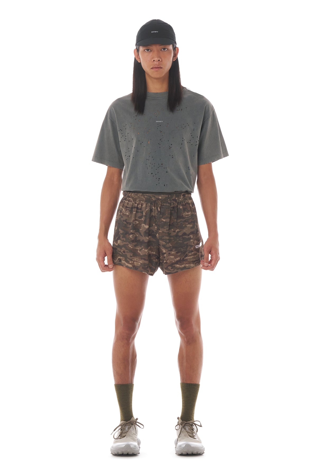 Satisfy Space-O 2.5 inch running shorts in Camo Overland Trek, worn on run