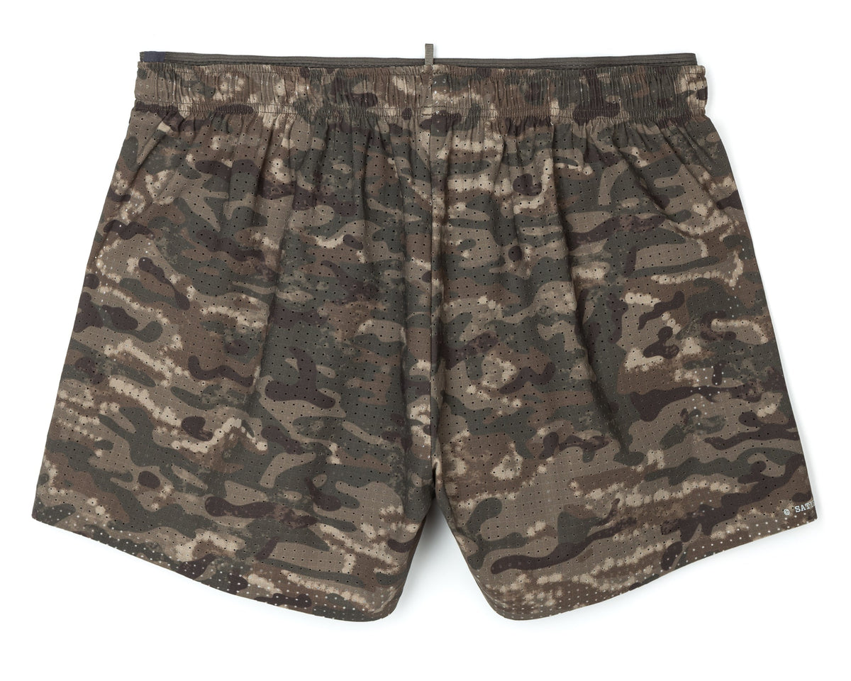 Satisfy Space-O 2.5 inch running shorts in Camo Overland Trek, back view