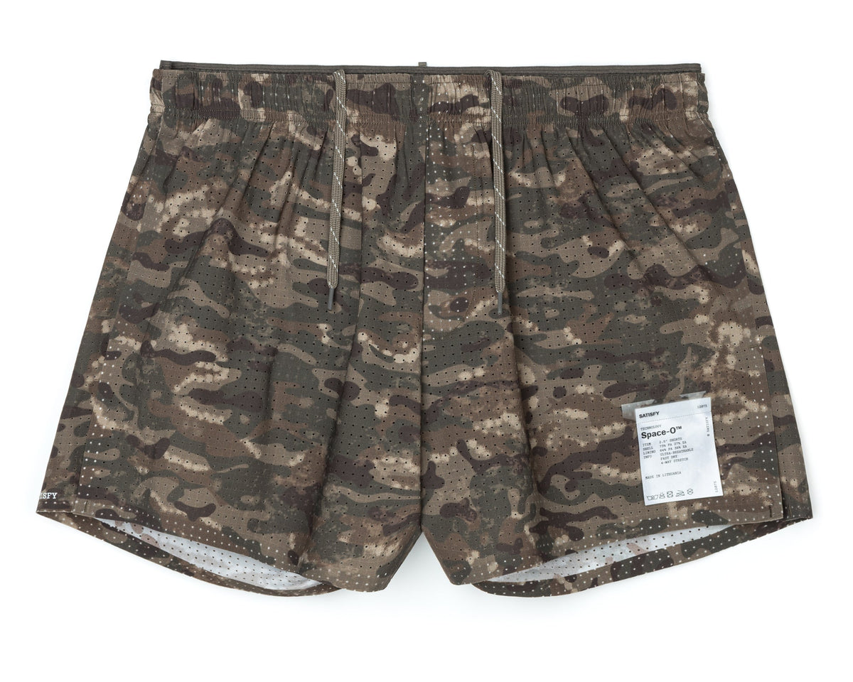 Satisfy Space-O 2.5 inch running shorts in Camo Overland Trek, front view