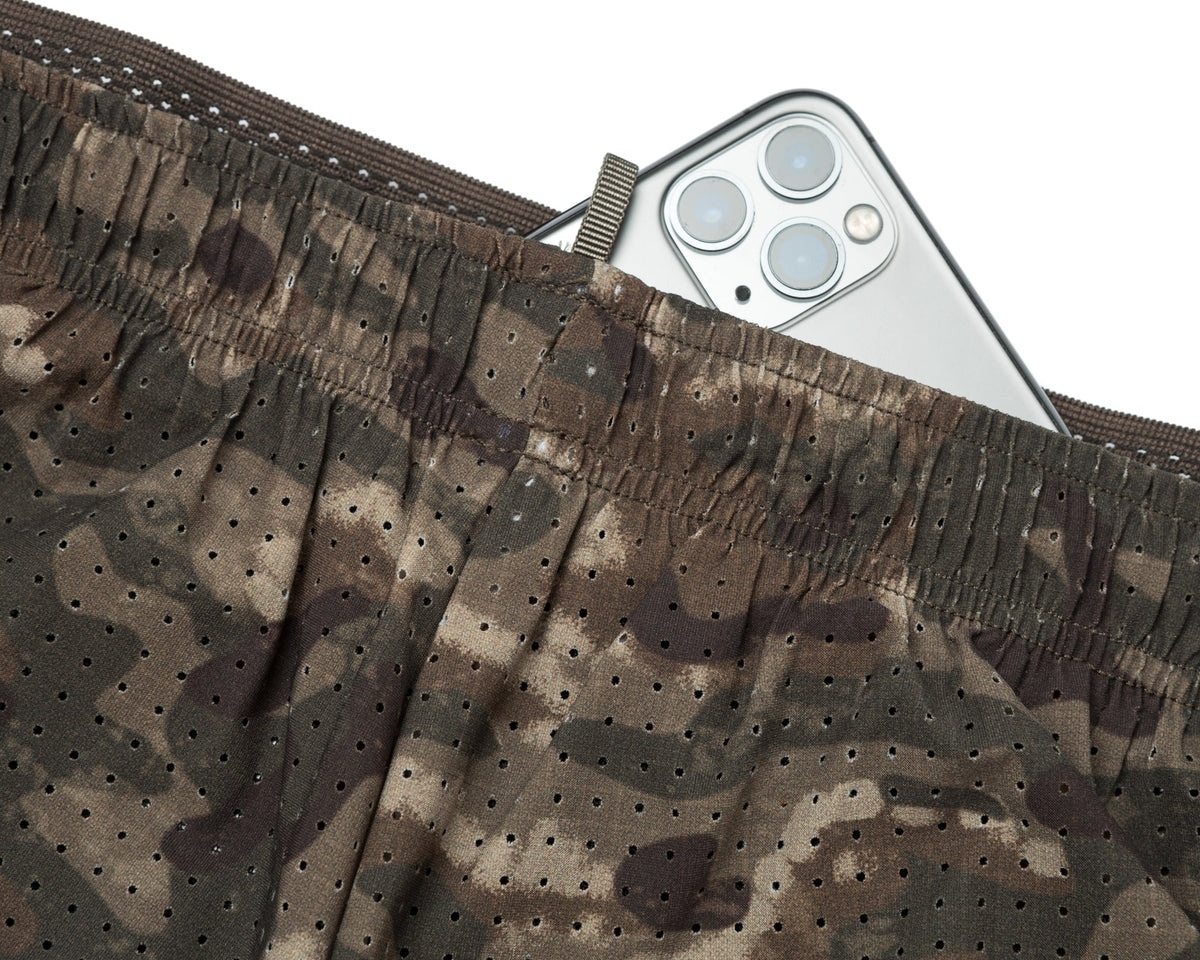 Satisfy Space-O 2.5 inch running shorts in Camo Overland Trek, phone pocket