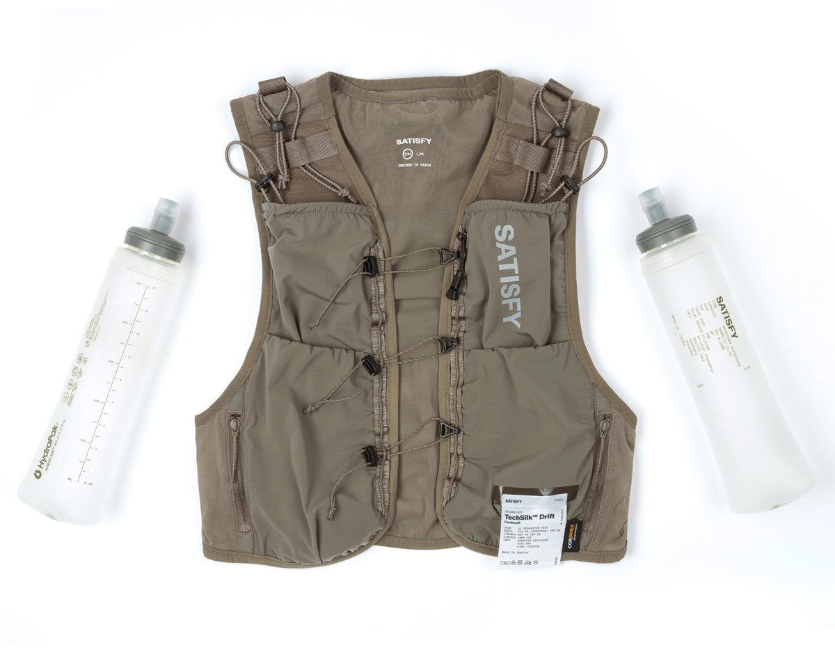 Satisfy TechSilk Drift Cordura 5L Hydration Vest in Falcon, front detail