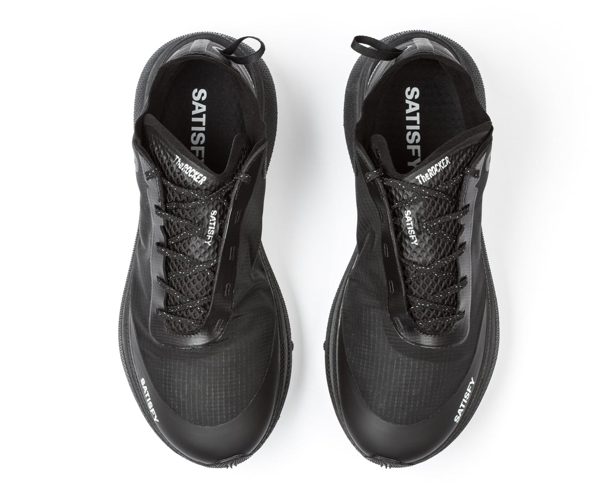 Satisfy TheROCKER running shoe in Jet Black, top view