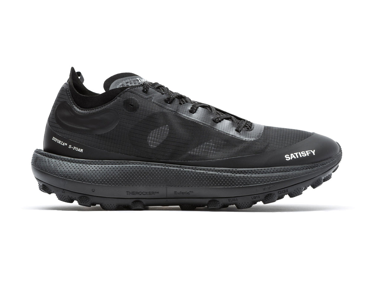 Satisfy TheROCKER running shoe in Jet Black, side view